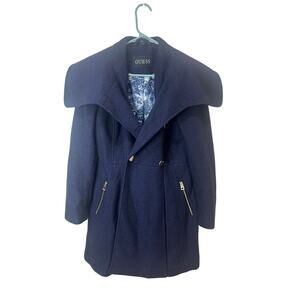 Guess Navy Blue Wool-Blend Peacoat with Wide Collar